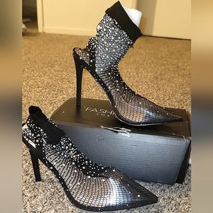 Fashion Nova Rhinestone fishnet heels